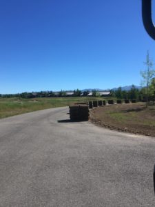 Pallets of sod unloaded on the side of the road next to a dirt field.