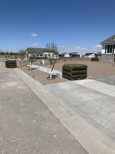 Several pallets of sod waiting to be installed. The front lawn has been cleared and prepared.