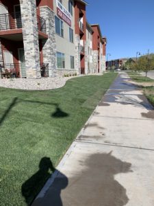 A apartment complex with a new sod lawn.