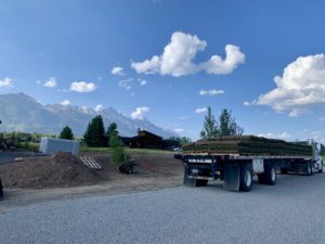 Pallets of sod on a flatbed semi truck. The truck is parked next to a dirt embankment.